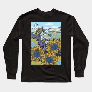 Oxfordshire Sunflowers and Honey Bees Linoprint Long Sleeve T-Shirt